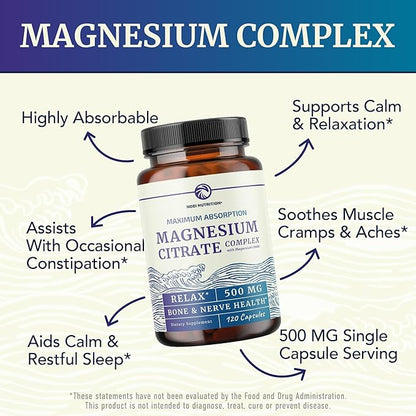 Magnesium Citrate 500 MG (120ct) for Calm & Relaxation | High Absorption Magnesium Supplement with Elemental Mag Oxide | Constipation & Digestion Support | Gluten-Free, Soy-Free | 4-Month Supply