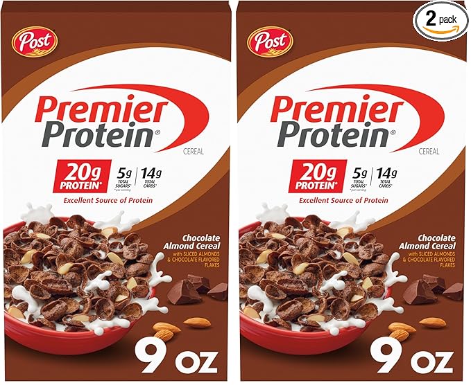 Premier Protein Chocolate Almond Cereal, Chocolatey Protein Cereal Flakes with Sliced Almonds, Contains 20g of Protein Per Serving, 9 OZ Box (Pack of 2)