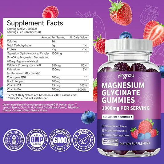 Magnesium Glycinate Gummies 1000mg, Sugar Free Magnesium Supplement with Potassium, Vitamin D, B6, CoQ10 for Sleep Support, Stress & Muscle Relief - 60 Mixed Berry Flavored Gummies