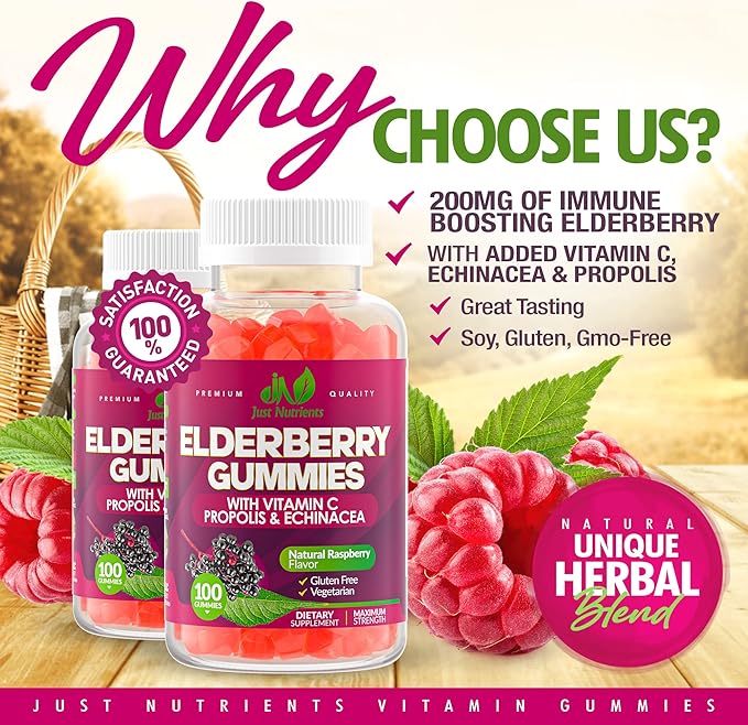 Elderberry 200mg Gummies with Vitamin C, Echinacea, Propolis (100 count) - Immune Support for Adults & Kids - Maximum Strength, Great Tasting Raspberry Flavor - Gluten-Free, Vegan - 100 Gummies