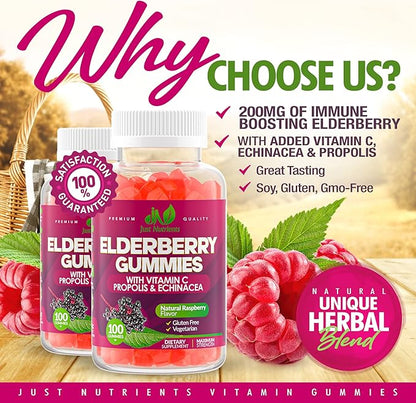 Elderberry 200mg Gummies with Vitamin C, Echinacea, Propolis (100 count) - Immune Support for Adults & Kids - Maximum Strength, Great Tasting Raspberry Flavor - Gluten-Free, Vegan - 100 Gummies