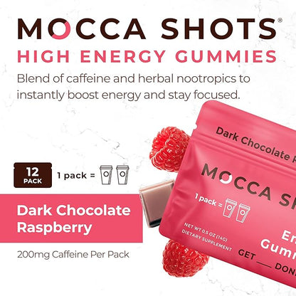 SGC Highest Concentration 100 mg Caffeine per Gummy, 2 Gummies per Pack, 12-Pack Mocca Shots Raspberry Chocolate Plant-Based Instant Energy with Herbal nootropics