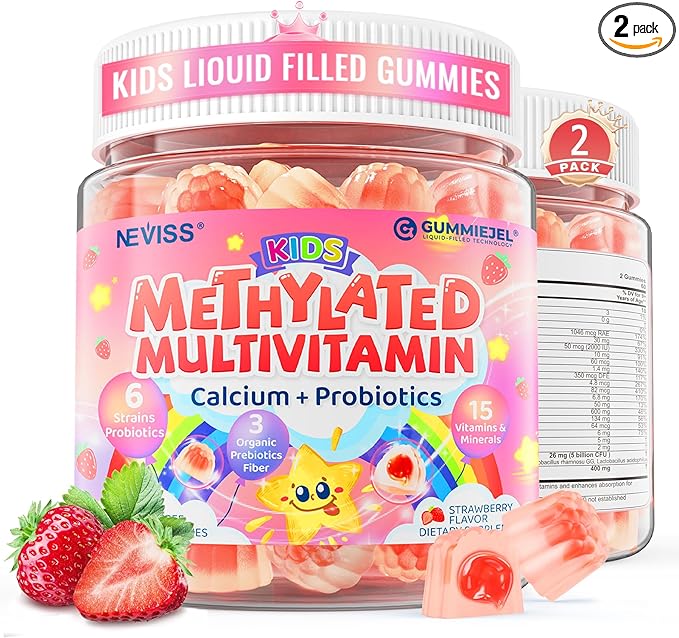 Kids Multivitamin Gummies + Calcium, Probiotics, Vitamin D3, C, Methylated B12 & Methylfolate, B6, A, K2, E, Zinc, Prebiotics for Children Ages 4+, Clean & Sugar Free, for Nutritional Support, 120 Cts