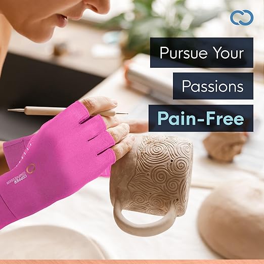 Copper Compression Arthritis Gloves | Fingerless Arthritis Carpal Tunnel Pain Relief for Men & Women | Hand Support Wrist Brace for Neuropathy, Rheumatoid, Tendonitis, Swelling, Crocheting, Typing Pink XL