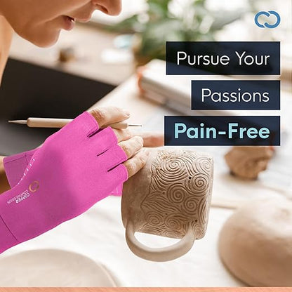 Copper Compression Arthritis Gloves | Fingerless Arthritis Carpal Tunnel Pain Relief for Men & Women | Hand Support Wrist Brace for Neuropathy, Rheumatoid, Tendonitis, Swelling, Crocheting, Typing Pink XL
