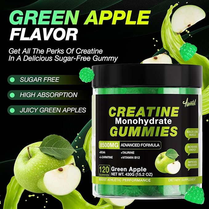 Creatine Monohydrate Gummies 8500MG for Men & Women - Creatine Gummies Sugar Free Pre Workout, Promote Muscle Growth, Boost Strength & Energy, 120 Count Green Apple