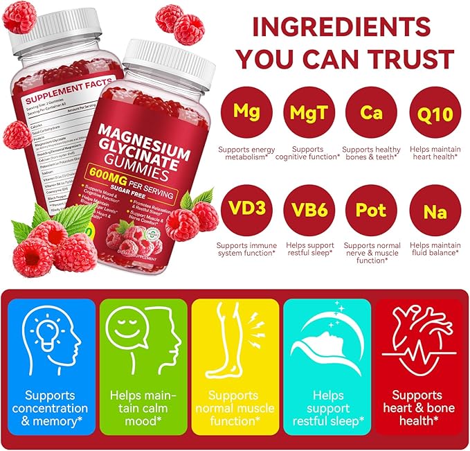 Magnesium Glycinate Gummies (Raspberry) 600mg, Sugar Free with Magnesium L-Threonate, Calcium, Potassium, Vitamin D3, B6 & CoQ10, High Absorption Support for Relaxation,Muscles & Energy, 120 Count