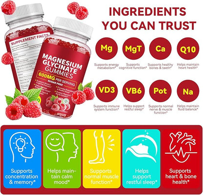 Magnesium Glycinate Gummies (Raspberry) 600mg, Sugar Free with Magnesium L-Threonate, Calcium, Potassium, Vitamin D3, B6 & CoQ10, High Absorption Support for Relaxation,Muscles & Energy, 120 Count