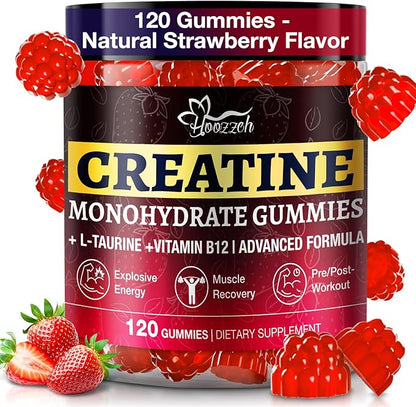 Creatine Gummies for Men & Women, Creatine Monohydrate Gummies, 5g Creatine per Serving, Gluten Free, Vegan Friendly, Strawberry Flavor, 120 Count