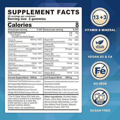 Methylated Multivitamin for Men/Women Gummies, Mens/Womens Multivitamin 50 Plus, with Glucosamine Chondroitin MSM Echinacea Sugar Free Chewable Multi Vitamins B D3 K2 A C E for Adults Seniors, 120 Cts