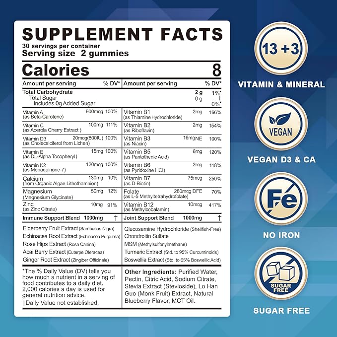 LILICARE Men's & Women's Sugar Free Methylated Multivitamin 50 Plus with Glucosamine Chondroitin MSM, Iron Free Gummies for Senior with Multi Vitamin D3 K2 & A C E, B Complex - 60 Count (Pack of 1)