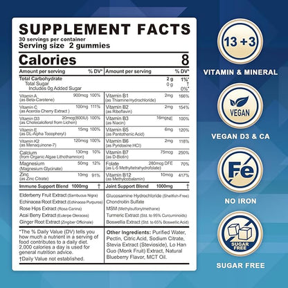 LILICARE Men's & Women's Sugar Free Methylated Multivitamin 50 Plus with Glucosamine Chondroitin MSM, Iron Free Gummies for Senior with Multi Vitamin D3 K2 & A C E, B Complex - 60 Count (Pack of 1)