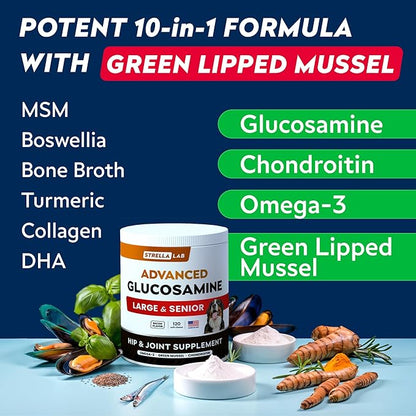 Advanced Glucosamine Hip & Joint Supplement for Senior Dogs - Green Lipped Mussel & Collagen - Hip & Joint Pain Relief - Large & Small Breed - Joint Health - Bacon - 120 Chews