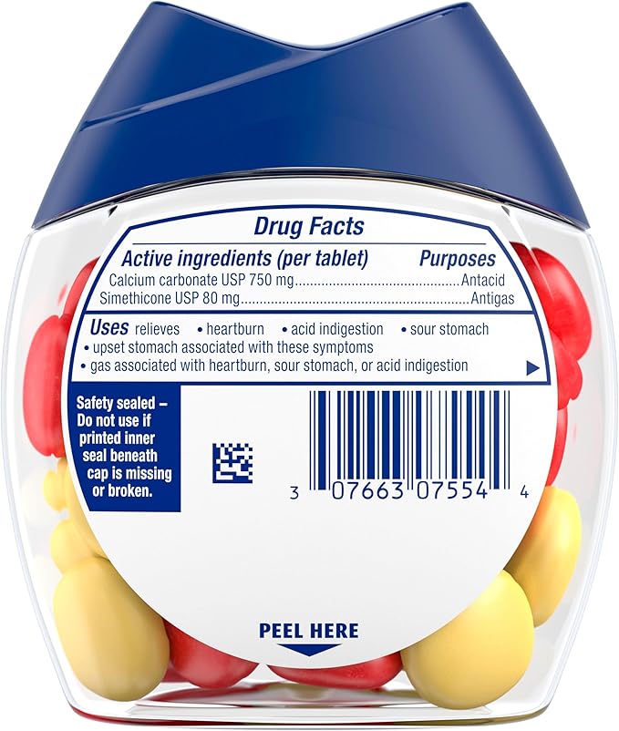 TUMS Chewy Bites Chewable Antacid Tablets with Gas Relief, Lemon & Strawberry - 28 Count