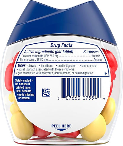 TUMS Chewy Bites Chewable Antacid Tablets with Gas Relief, Lemon & Strawberry - 28 Count
