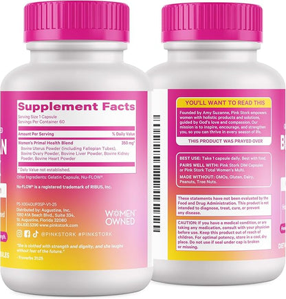 Pink Stork Beef Organ Supplement for Women | Grass-Fed Beef Liver Capsules with Iron, B12, CoQ10, Vitamin A | Primal Multivitamin for Female Hormone + Energy Support | 60 Capsules