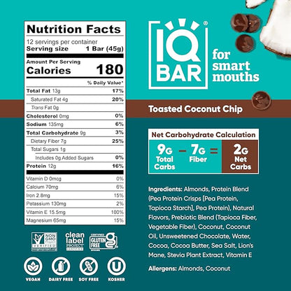 IQBAR Clean Plant Protein Bars - Toasted Coconut Chip - 24 Count - Keto, Vegan, High Fiber, Gluten and Dairy Free, Low Sugar Snack - Brain and Body Nutrients for Focus, Energy, Meal Replacement