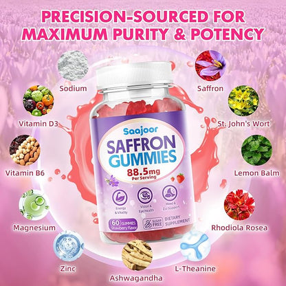 Saffron Gummies for Adult Kids - with Saffron 88.5mg, Vitamins D3 & B6, Magnesium, Zinc, Ashwagandha, L - Theanine, St. John's Wort - Supports Mood & Focus, Strawberry Flavor, 120 Count