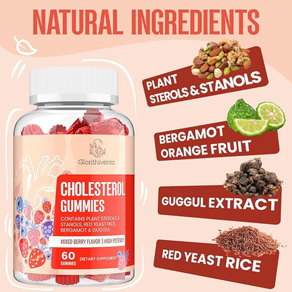 Cholesterol Supplement with Plant Sterols & Stanols, Guggul, Bergamot Orange Extract, Red Yeast Rice, Plant Sterols Complex Gummies, Mixed Berry Flavor, 60 Counts