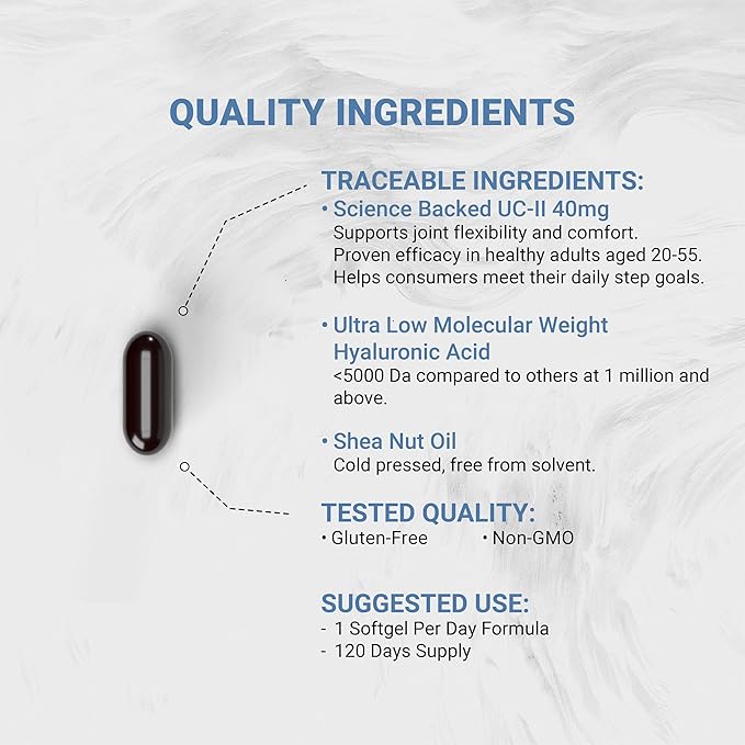 Naturalis UC-II 40 mg with Hyaluronic Acid and Shea Nut Oil | Enhanced Undenatured Type II Collagen for Better Joint Health, Mobility & Flexibility | Gluten-Free & Non-GMO | 120 Softgels