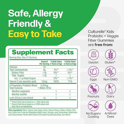 Culturelle Daily Probiotic For Kids + Veggie Fiber Gummies (Ages 3+) - 60 Count - Digestive Health & Immune Support – Berry Flavor with a Vitamin C Boost