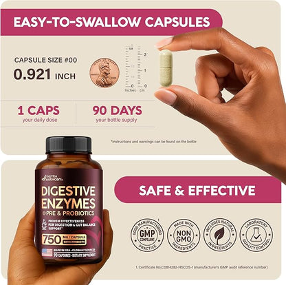 Digestive Enzymes for Women - Multi Digestive Enzymes | Papaya | Bromelain | Probiotic & Prebiotics - Gut & Digestion Support, Bloating Relief - Vegan, Lab Tested - Made in USA - 90 Capsules, One/Day