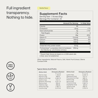 Momentous Essential Grass-Fed Whey Protein Powder - 20 g Whey Isolate Protein - NSF Certified for Sport - Gluten-Free - 25 Servings for Essential Everyday Use - Vanilla - Package May Vary
