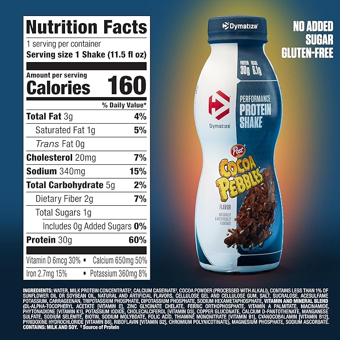 Dymatize Performance Protein Shake, Cocoa Pebbles, 30g Protein, 6.1g BCAA for Muscle Recovery, No Sugar, Low Fat, 24 Vitamins & Minerals, Gluten-Free, Ready to Drink, Snack,11.5fl oz,(Pack of 24)