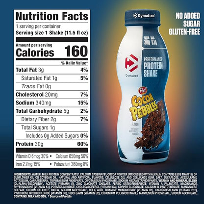 Dymatize Performance Protein Shake, Cocoa Pebbles, 30g Protein, 6.1g BCAA for Muscle Recovery, No Sugar, Low Fat, 24 Vitamins & Minerals, Gluten-Free, Ready to Drink, Snack,11.5fl oz,(Pack of 24)