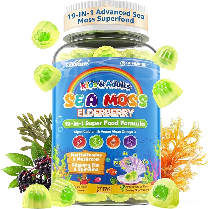 Sea Moss + Elderberry Gummies for Kids & Adults, 19-IN-1 Super Food with Spirulina, Algae Omega 3, Algae Calcium, Ashwagandha, Mushroom, Vitamins D3, C for Immune, Gut, Bone, Energy, Brain,Vegan 60Cts
