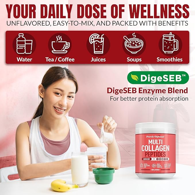 Purely Optimal Collagen Peptides Powder - 5 Types Hydrolyzed Collagen Peptides with Biotin, B12, & Hyaluronic Acid for Hair, Skin, Nails, Bones & Joints - Unflavored, Easy Mixing, 16oz, 42 Servings
