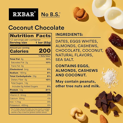 RXBAR Protein Bars, Protein Snack, Snack Bars, Coconut Chocolate, 22oz Box (12 Count)