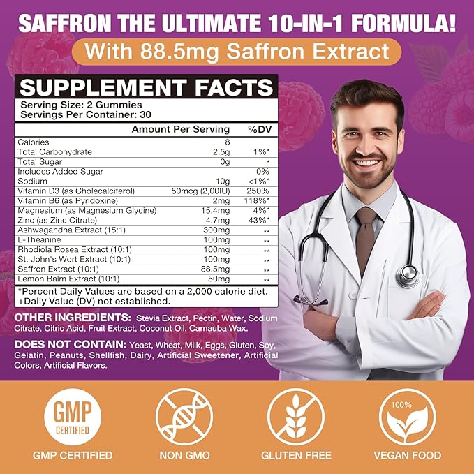 Saffron Gummies (88.5 mg) with Magnesium — Enhanced with St. John’s Wort, Rhodiola, Ashwagandha & Vitamins B6, B12, D3 for Mood & Focus Support — 60 Count