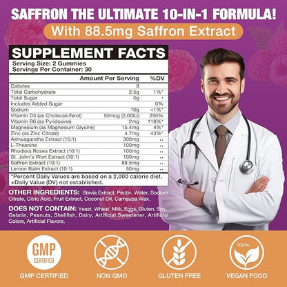 Saffron Gummies (88.5 mg) with Magnesium — Enhanced with St. John’s Wort, Rhodiola, Ashwagandha & Vitamins B6, B12, D3 for Mood & Focus Support — 60 Count