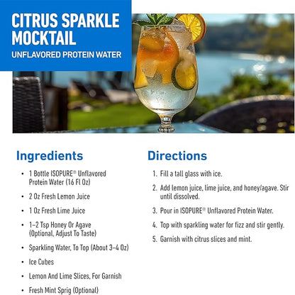 Isopure Clear Protein Water with Electrolytes, 15g Whey Protein Isolate, Zero Sugar, Unflavored, 20 fl oz Bottles, 12-Pack