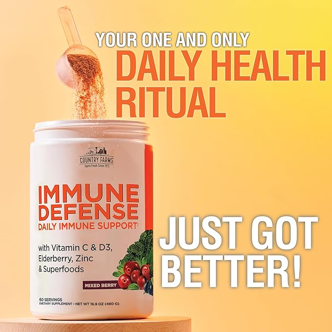Country Farms Immune Defense Superfoods, Immune Support Supplement, Vitamin C with Black Elderberry, Echinacea, Turmeric, Supports Hydration, with Probiotics and Prebiotics, Berry Flavor, 60 Servings