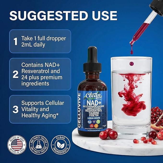 Liposomal NAD Resveratrol Supplement Liquid Drops for Women Taurine Fisetin Grape Seed Quercetin Berberine Astaxanthin Pterostilbene Spermidine Fo Ti Gotu Kola Anti Aging CelluVive by Clean Nutra 4oz