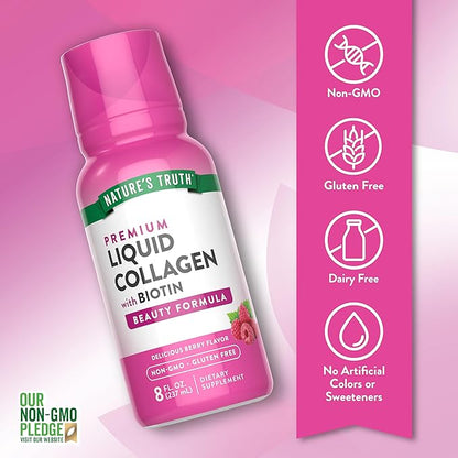Nature's Truth Liquid Collagen Supplement with Biotin | Type 1 & 3 | Berry Flavor | 8 fl oz | Non-GMO & Gluten Free