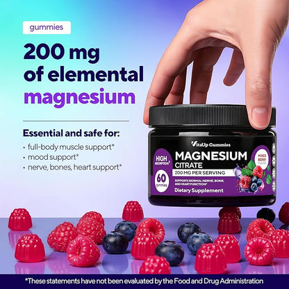 Magnesium Gummies for Women 200 mg – High Absorption Magnesium Citrate Gummies – Chewable Supplement for Adults to Support Normal Nerve, Bone & Heart Function – Vegan Chews, 60 Count