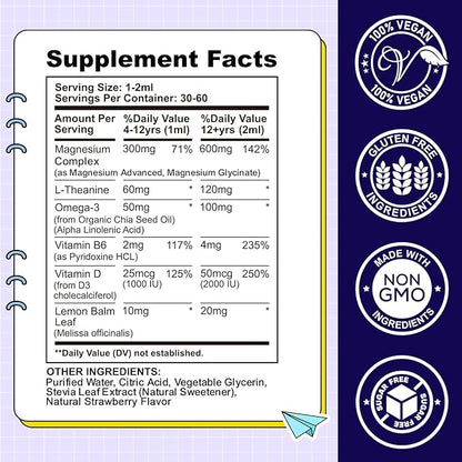 Kids Magnesium Liquid Drops-Magnesium Glycinate Liquid for Kids Supplement-w/L-theanine, Omega-3, Vitamin B6, D3 - for Sleep, Relaxation, Brain, Bones - 2 Fl Oz Children's Calm, Strawberry Flavor