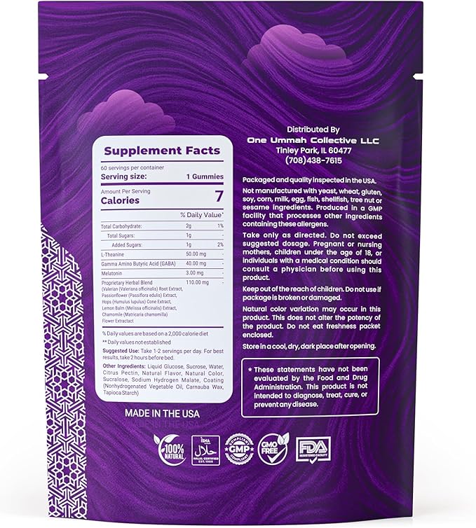 Halal Certified Sleep Gummies – 3mg Melatonin with GABA, L-Theanine & Herbal Blend – Natural Nighttime Relaxation & Sleep Aid – Tasty 60ct Gummy Supplement