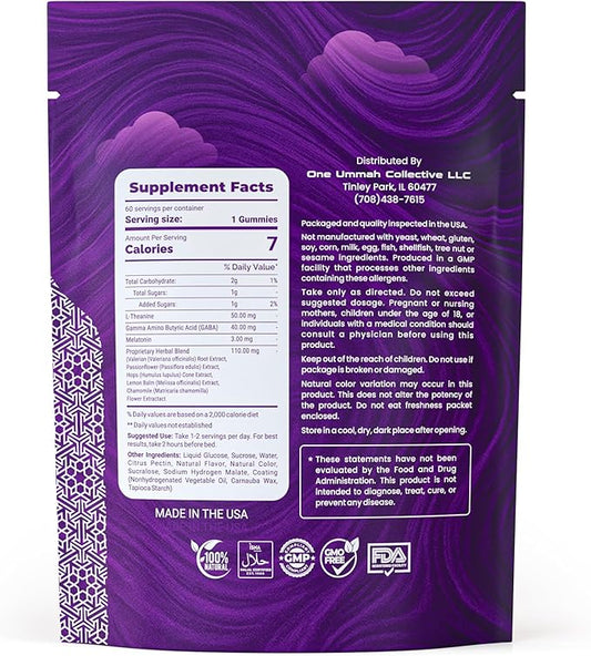 Halal Certified Sleep Gummies – 3mg Melatonin with GABA, L-Theanine & Herbal Blend – Natural Nighttime Relaxation & Sleep Aid – Tasty 60ct Gummy Supplement