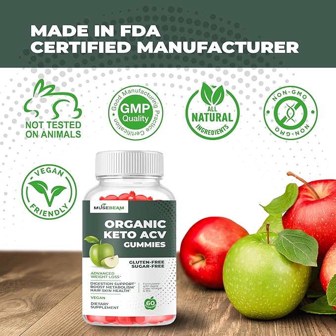 Organic Keto ACV Gummies Advanced Weight Loss - Gluten & Sugar Free Belly Fat Burner Apple Cider Vinegar Diet Supplement for Women Men (1000MG)