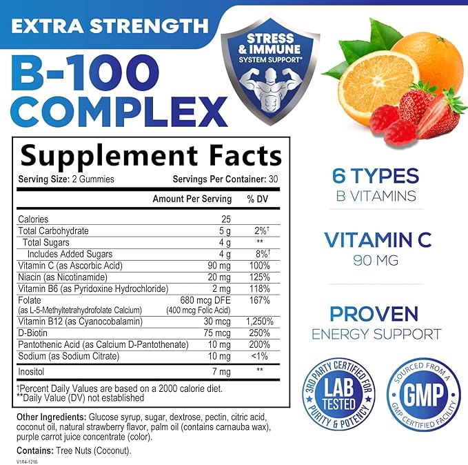 Vitamin B Complex Gummies - Extra Strength Super B Vitamin Gummy with Vitamin C For Immune Support - Energy Support Supplements with Folic Acid, Niacin, B6, B12 & Biotin for Men & Women - 60 Gummies