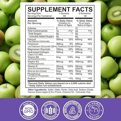Calcium Potassium Magnesium Gummies for Kids & Adults, Magnesium Potassium Calcium Supplement for Kids, Sleep, Bone Strength, Density Support, Sugar Free, Juice Apple & Kiwi Flavor, 60 Gummies