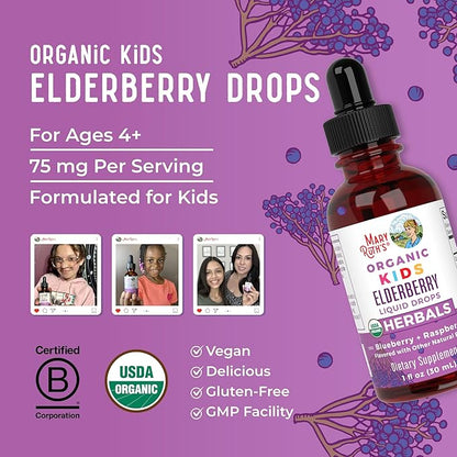 MARYRUTH'S USDA Organic Elderberry Liquid Drops for Kids | Vegan Elderberry Extract Organic Glycerin | Immune Support Supplement | Overall Health | Formulated for Ages 4-13 | 1oz