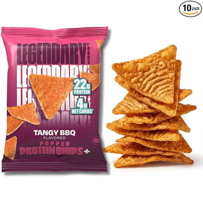 Legendary Foods Tangy BBQ Protein Chips – Popped Tortilla Style – 22g High Protein, 4g Net Carbs, Low Sugar, Gluten Free, Keto Snack Packs – 10 Count – Healthy Crunchy Chips
