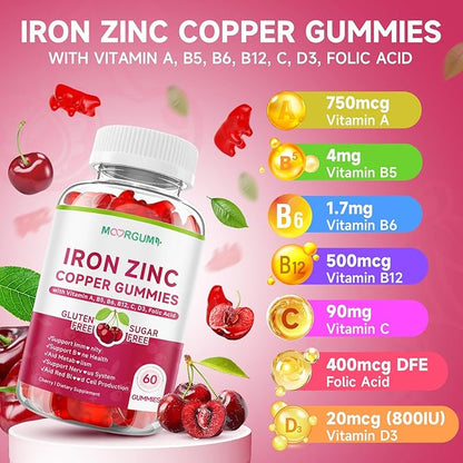 Iron, Zinc, Copper Supplements for Women & Men, Mineral Gummies with Vitamin A, B5, B6, C, D3, B12 for Adults, Kids, Promote Energy, Support Immunity, Bone Health, Sugar Free, Cherry Flavor, 120 Count