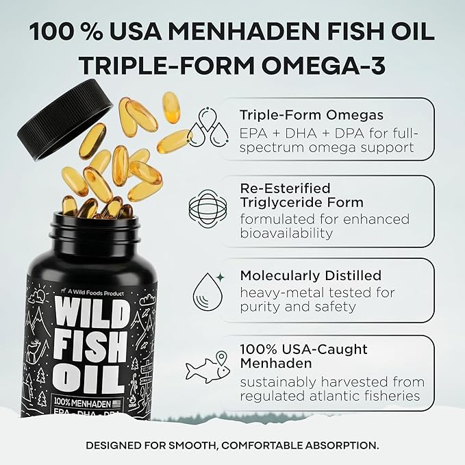 Wild Foods Omega 3 Fish Oil Supplement, 120 Capsules (2 pk) | Wild Caught, Burpless, Odorless, Non-GMO, Gluten Free | DPA, DHA, EPA Triple Strength Joint Nutrition for Women & Men