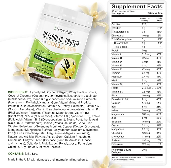 NaturalSlim Metabolic Protein Powder with Collagen, whey protein powder shake, Hydrolyzed Collagen with L-Glutamine for Metabolic Support, Digestion, Skin, Joints & Muscle, Low Carb 17.06 oz Vanilla